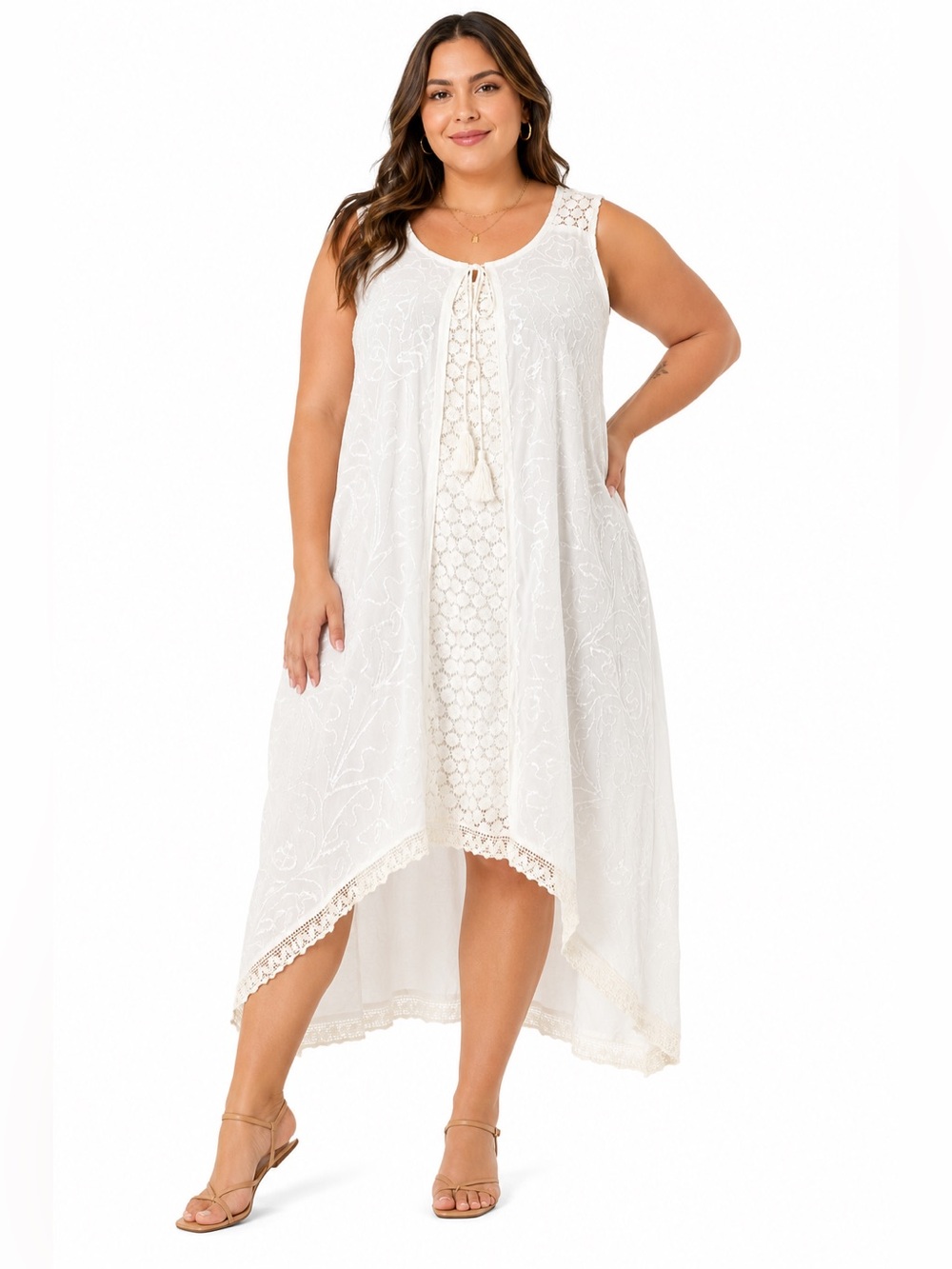 Vintage 90s does 70s Boho Embroidered Lace Tassel Maxi Dress (White) Size XL/1X